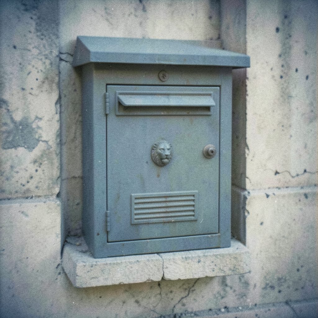 Photo argentique en tons bleu-gris d'une boîte de collecte associative posée à l'extérieur