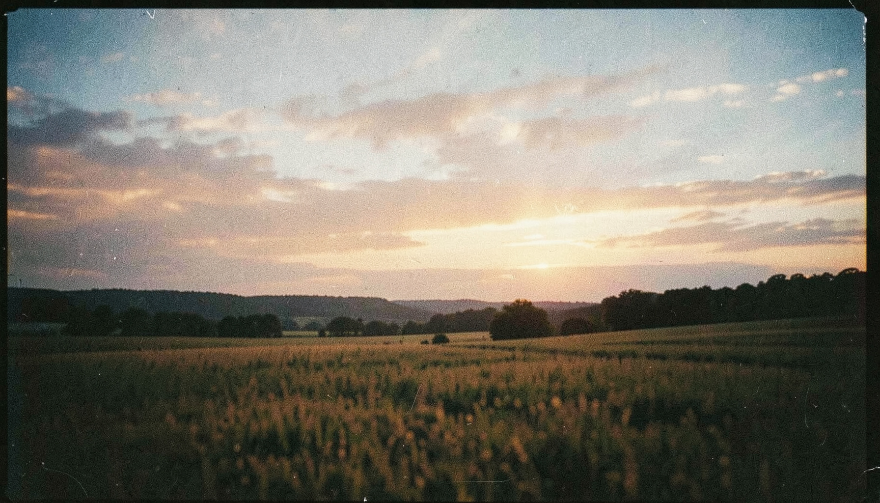 Photographie argentique aux tons chauds et dorés montrant un ciel de fin de journée au-dessus d'un paysage de campagne paisible, évoquant la sérénité et l'espoir, avec un grain argentique prononcé.