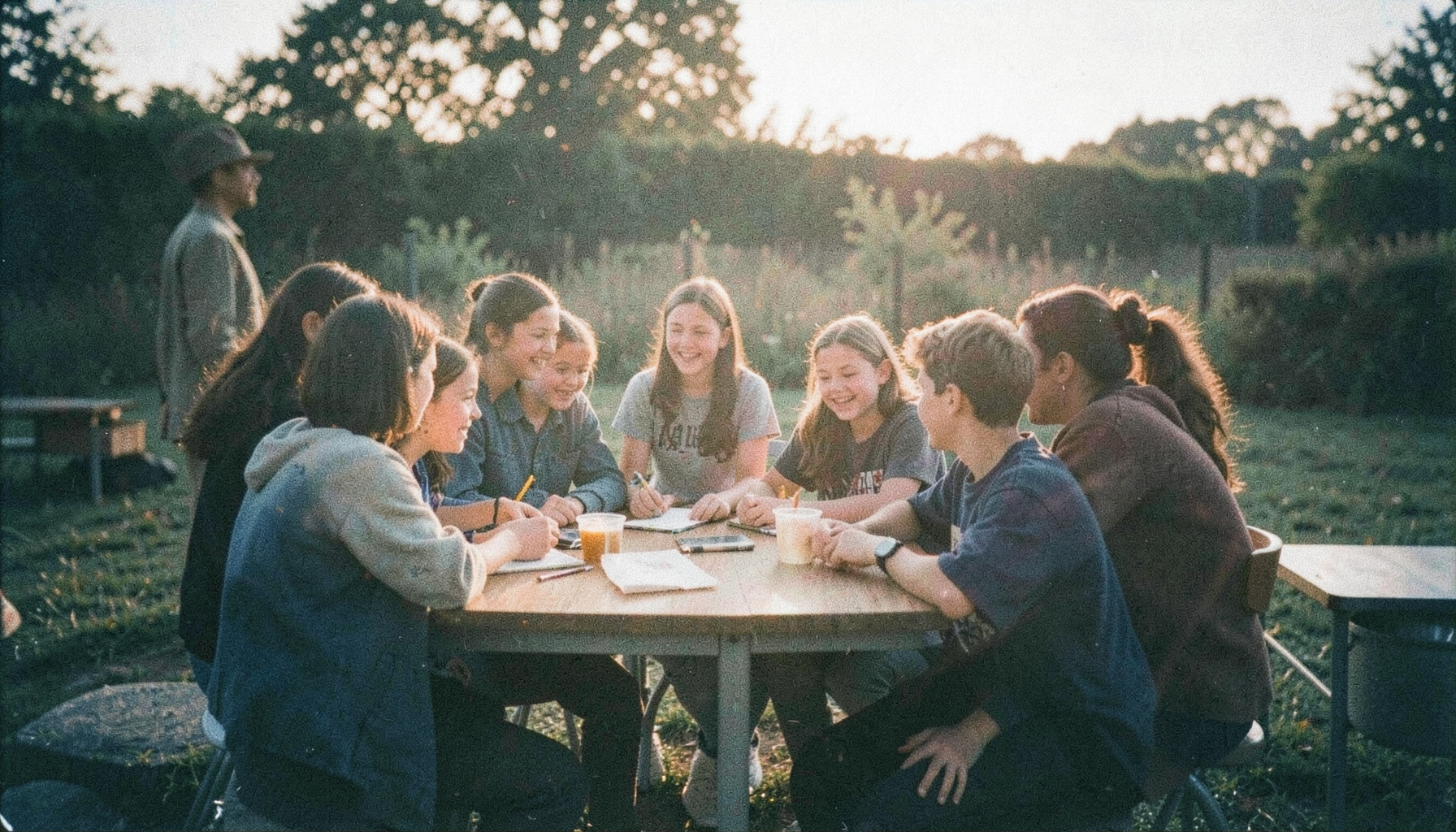 Photographie argentique aux tons chauds et légèrement granuleux montrant un groupe de jeunes bénévoles en plein air, réunis en cercle autour d'une table de travail, ambiance solidaire et dynamique sous une lumière de fin d'après-midi.
