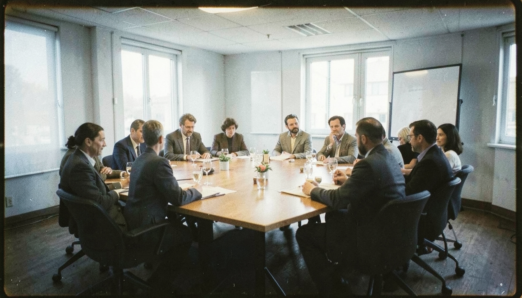 Photographie argentique aux tons bleutés et dorés montrant une salle de réunion lumineuse avec des tables disposées en cercle, une atmosphère chaleureuse et collaborative.